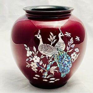 Oxblood Lacquer-like Mother of Pearl Abalone Peacock Inlay Design, Vintage EUC